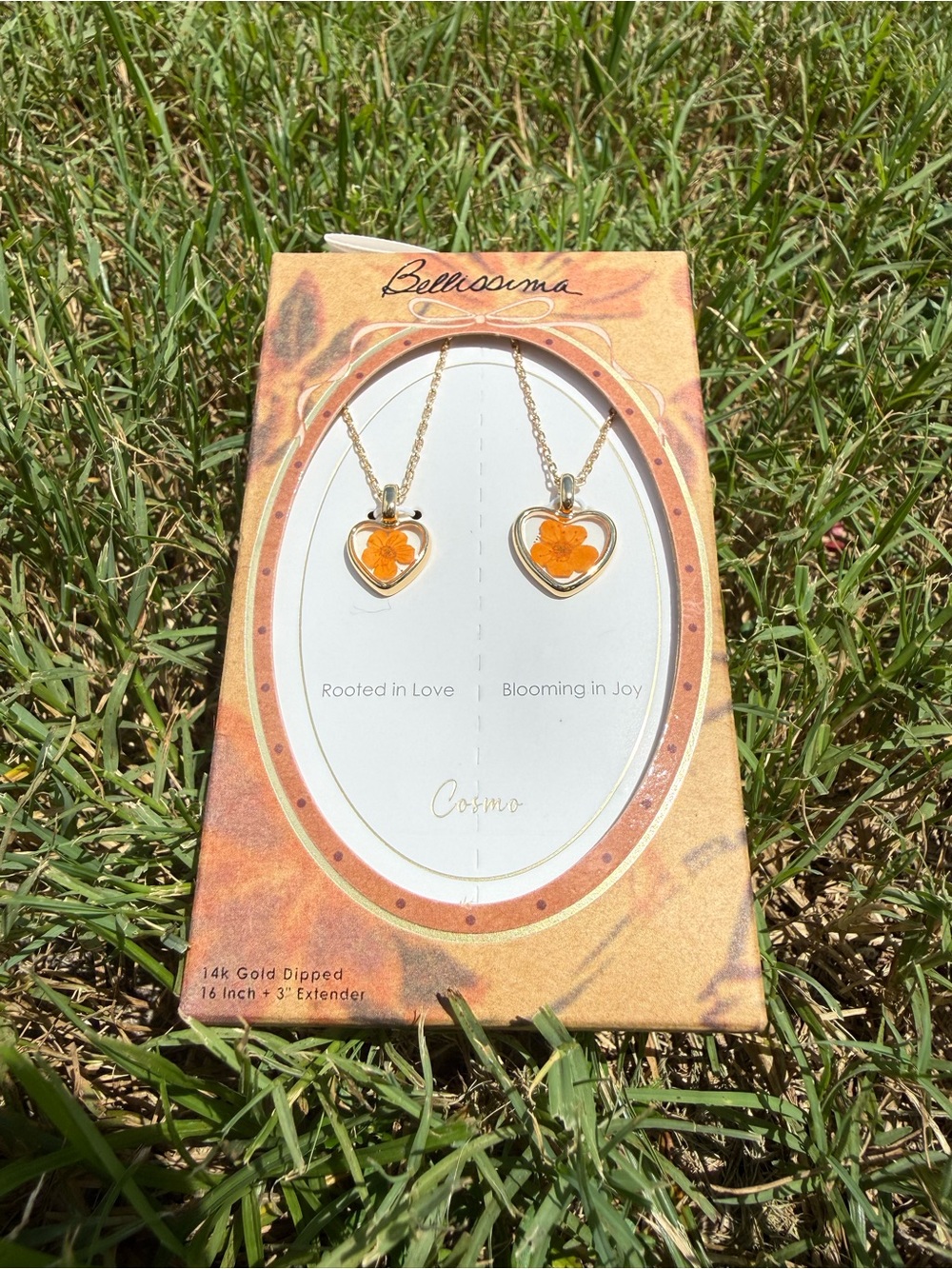 Gold Heart Necklace with Orange Flower Pendant